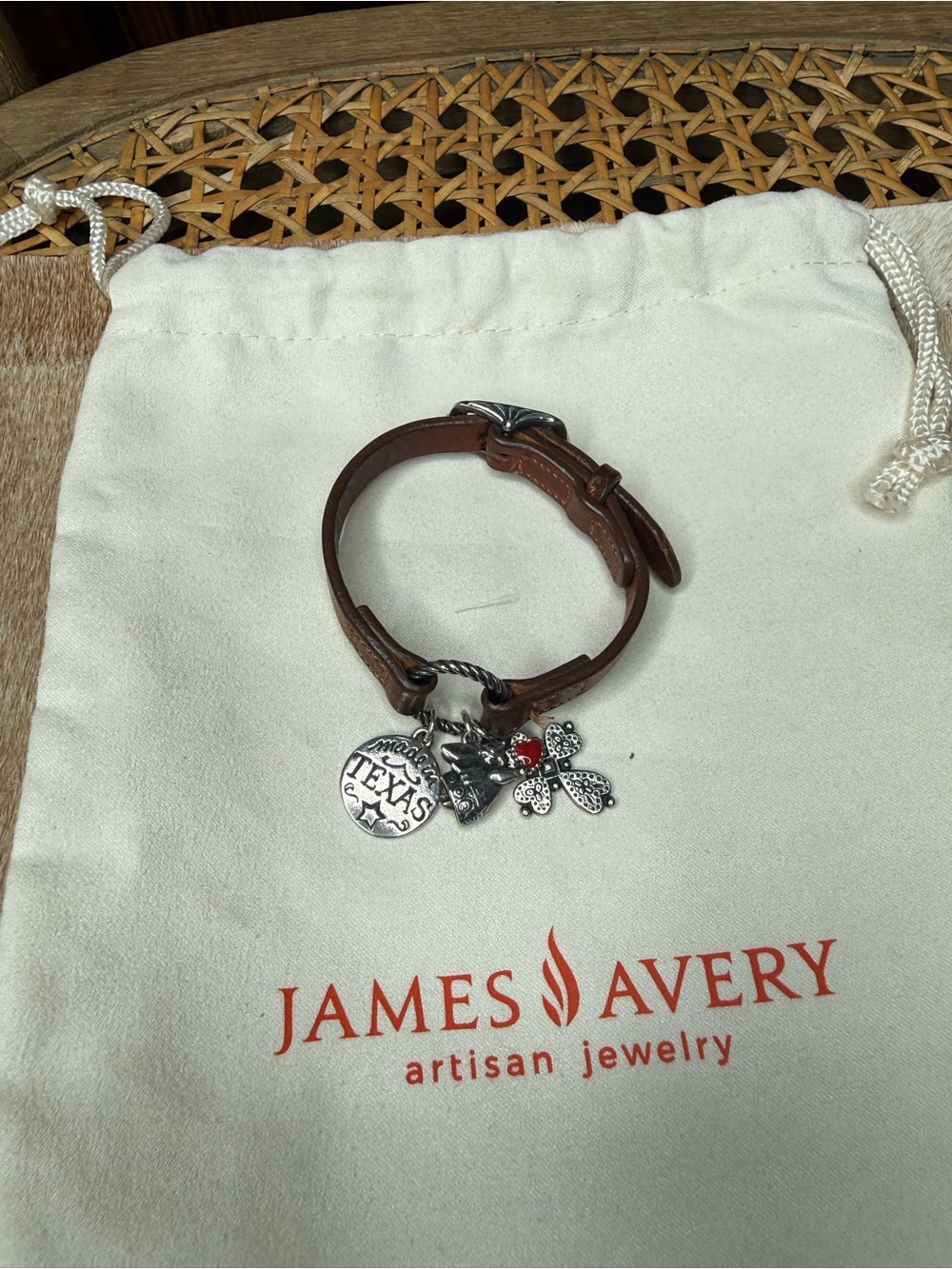 James Avery Brown Leather Bracelet with 3 charms